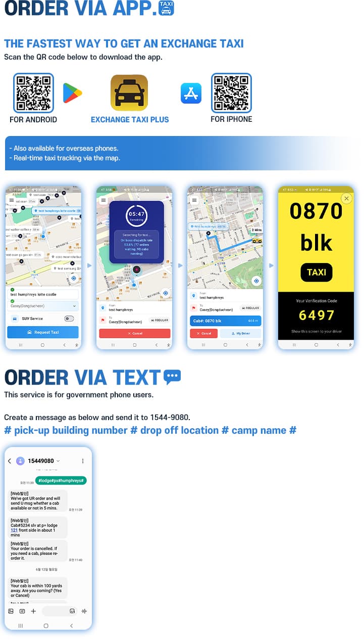 App map screen with nearby places and a Request Taxi button